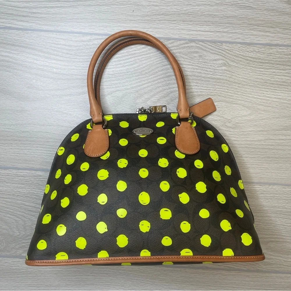 Coach Cora Dome Satchel Purse Signature Canvas Neon Yellow Dots w/Leather Trim - Picture 7 of 15